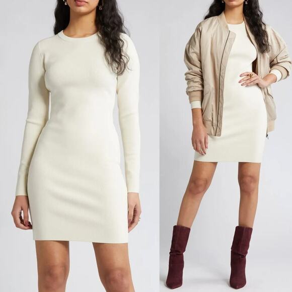 Open Edit Compact Sweater Dress Long Sleeve Rib Knit Bodycon Mini Ivory Dove M - Picture 1 of 10